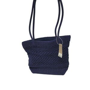 NEW Massini Crochet Handbag Boho Tote Shoulder Bag Purse Blue Zip Medium